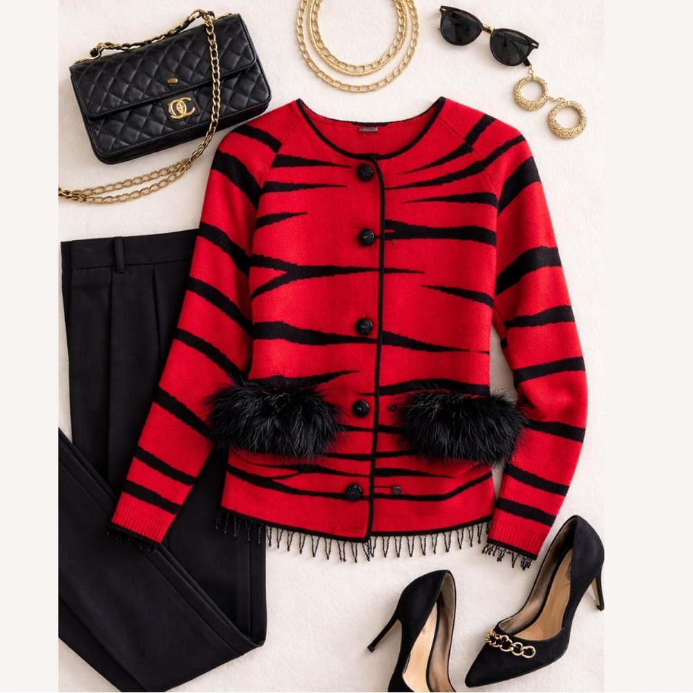 Vintage Y2K Berek Red Black Knit Beaded Cardigan Feather Pockets Large cotton
